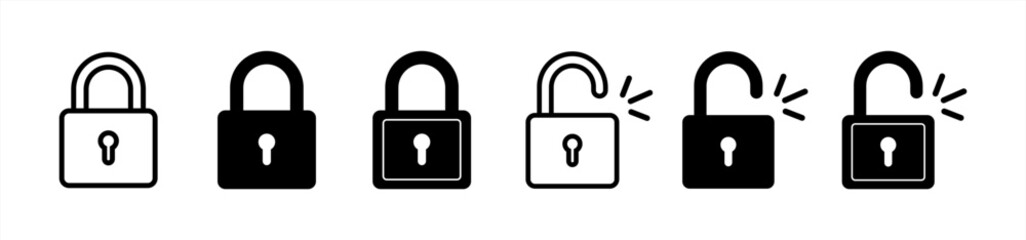 Lock icon collection. Locked and unlocked black line icon set. Flat security symbol. Lock symbol isolated on white background. Padlock symbol. Privacy symbol vector stock 10 eps.