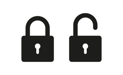 Black isolated icon of locked and unlocked lock on white background. Set of Silhouette of locked and unlocked padlock. Flat vector 10 eps. © Cali6ro