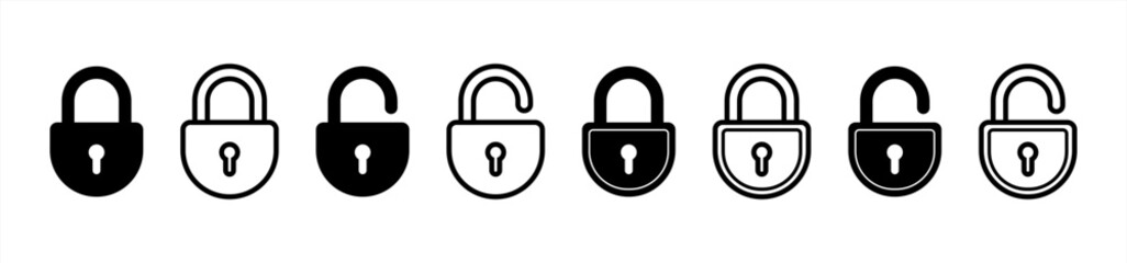 Lock icon collection. Locked and unlocked black line icon set. Flat security symbol. Lock symbol isolated on white background. Padlock symbol. Privacy symbol vector 10 eps.