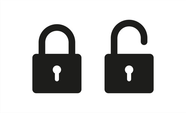 Black isolated icon of locked and unlocked lock on white background. Set of Silhouette of locked and unlocked padlock. Flat vector 10 eps.