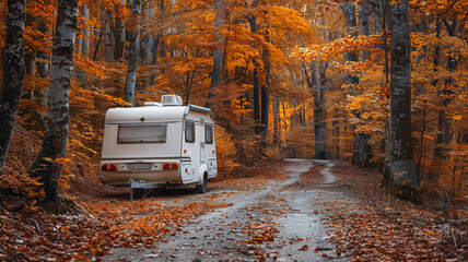 Camper in autumn forest with yellow leaves around.