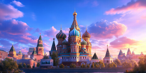 Fototapeta premium A majestic scene featuring iconic Russian architecture, including the colorful domes of Saint Basils Cathedral and traditional wooden houses. Combine both old and new architectural styles.