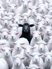 A single black sheep stands out in a flock of white sheep, symbolizing individuality and uniqueness in a sea of conformity