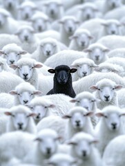 A black sheep stands in a sea of white sheep, symbolizing being different in a crowd of uniformity