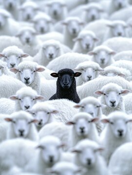 A black sheep stands in a sea of white sheep, symbolizing being different in a crowd of uniformity