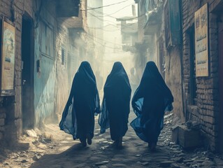 Afghan women in full burkas walking in remote mountain village, AI generated