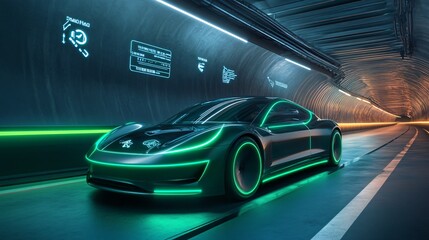 Fototapeta premium Futuristic car with neon lights driving through a dark tunnel.