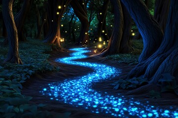 Fototapeta premium A reforested magical forest, where enchanted trees absorb glowing particles of carbon, helping to restore balance to the fantasy ecosystem