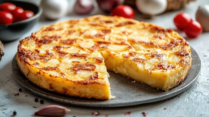 An overhead photo of a Spanish tortilla in a traditional tortilla, with parsley, on dark rustic textures with ingredients