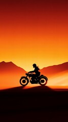 A captivating image of a motorcyclist riding through the desert at sunset, evoking a sense of adventure and freedom