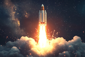 A rocket launching into space, surrounded by clouds and a starry backdrop.