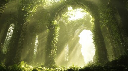 Fototapeta premium Enchanted Discovery - Brave explorer in mystical ruin covered with vines, illuminated by dappled light in the forest.