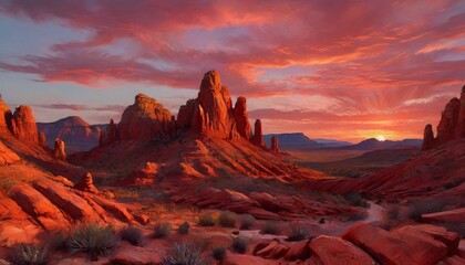 Naklejka premium A breathtaking Arizona landscape showcasing vibrant red rock formations under a brilliant sunset sky that captures the essence of the desert, Generative AI