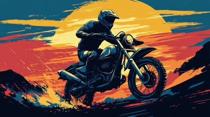 A motorcycle rider speeding through the desert at sunset with a bright yellow sun in the background.