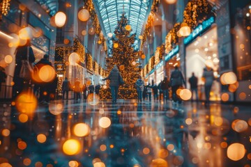 Obraz premium A Christmas tree with gold ornaments is lit up in a mall