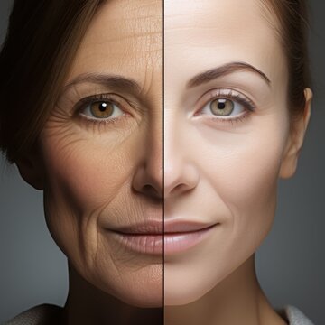 Before and after face aging transformation, woman, skin comparison, anti-aging concept