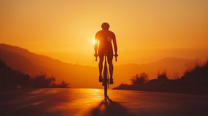 Rear back view of a cyclist man silhouetted against the orange twilight sky, riding on an asphalt road at dusk. Highlights summer outdoor sport activity and healthy lifestyle.