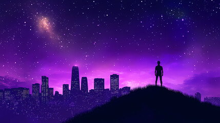 Fototapeta premium Stunning futuristic cityscape at night with purple sky, starry night, and silhouette of a person overlooking the city from a hill. Starry Night Sky. Illustration
