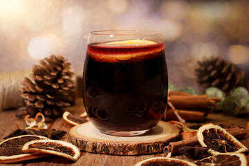 Glass of mulled wine, traditional hot drink at Christmas