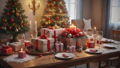 Obraz premium A stunning arrangement of Christmas gifts displayed on a beautifully set table, surrounded by holiday decorations that enhance the festive atmosphere, Generative AI