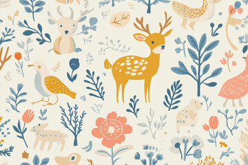 Seamless wallpaper pattern with whimsical hand-drawn animals and nature elements in soft, muted tones for a children's room