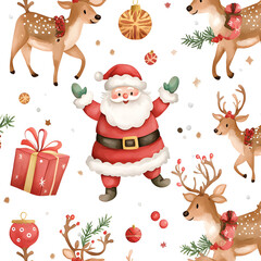 Fototapeta premium Seamless pattern with Santa Claus and reindeer on white background in cartoon watercolor style.