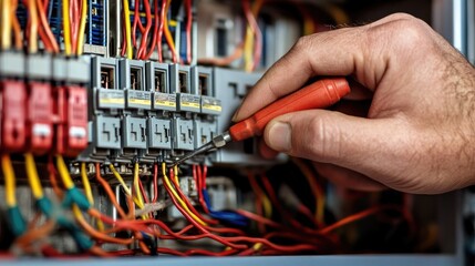 Close-up of an electrician's hands, fixing wiring inside a circuit breaker box with precision tools, focusing on safety and functionality.