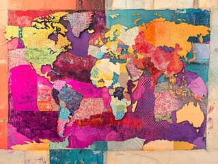 Vibrant World Map Collage: A Stunning Abstract Artwork of Colorful Paper Cutouts and Textured Background, Perfect as a Sporty Interior Poster for Inspiring Creativity and Adventure!