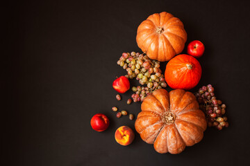 Border made of pumpkins and fresh fruits on dark background.