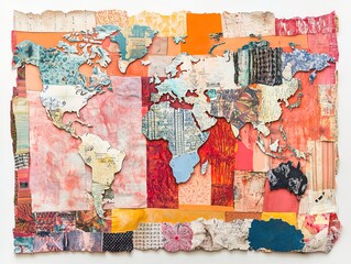 Fototapeta premium Vibrant World Map Collage: A Stunning Abstract Artwork of Colorful Paper Cutouts and Textured Background, Perfect as a Sporty Interior Poster for Inspiring Creativity and Adventure!