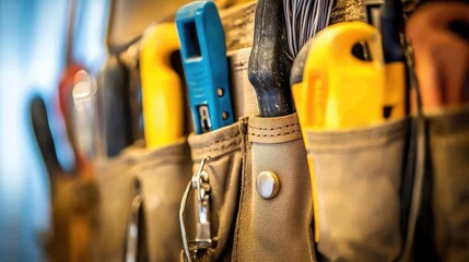 Close-up of tools in an electrician's tool belt, featuring wire cutters, pliers, and voltage testers, ready for use on a repair job.