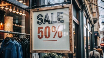 Fototapeta premium Wooden sale sign showing fifty percent discount outside a clothing store in an urban setting