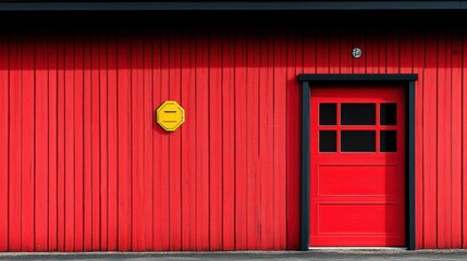 A red door with a black frame and a yellow octagon on a red wooden wall