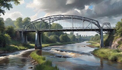 Naklejka premium A powerful image of a brushed steel bridge spanning a river, illustrating the harmony between engineering and nature in a striking urban landscape, Generative AI