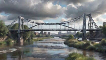 Obraz premium A powerful image of a brushed steel bridge spanning a river, illustrating the harmony between engineering and nature in a striking urban landscape, Generative AI