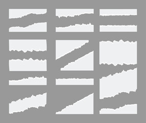 Obraz premium White ripped paper strips collection. Realistic paper scraps with torn edges. Ripped different paper fragments set., shreds of notebook pages. Vector illustration.