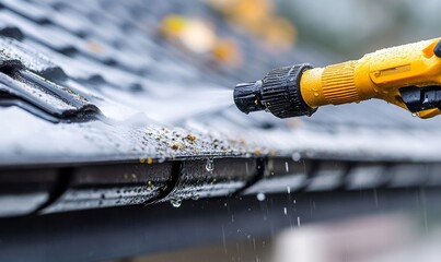 The process of cleaning spring rain gutters with a pressure washer, captured in a close-up photo to detail the task, Generative AI