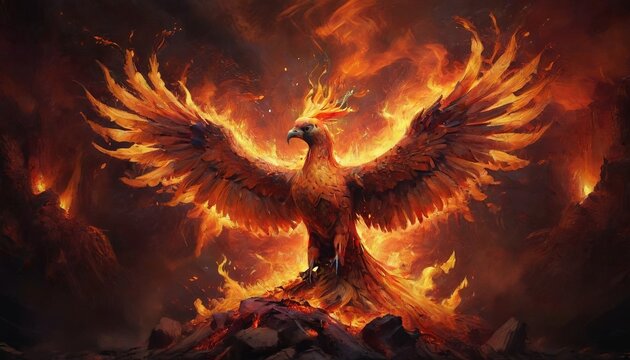 A powerful scene of a phoenix rising from its ashes, symbolizing rebirth and transformation amidst a backdrop of vibrant flames, Generative AI