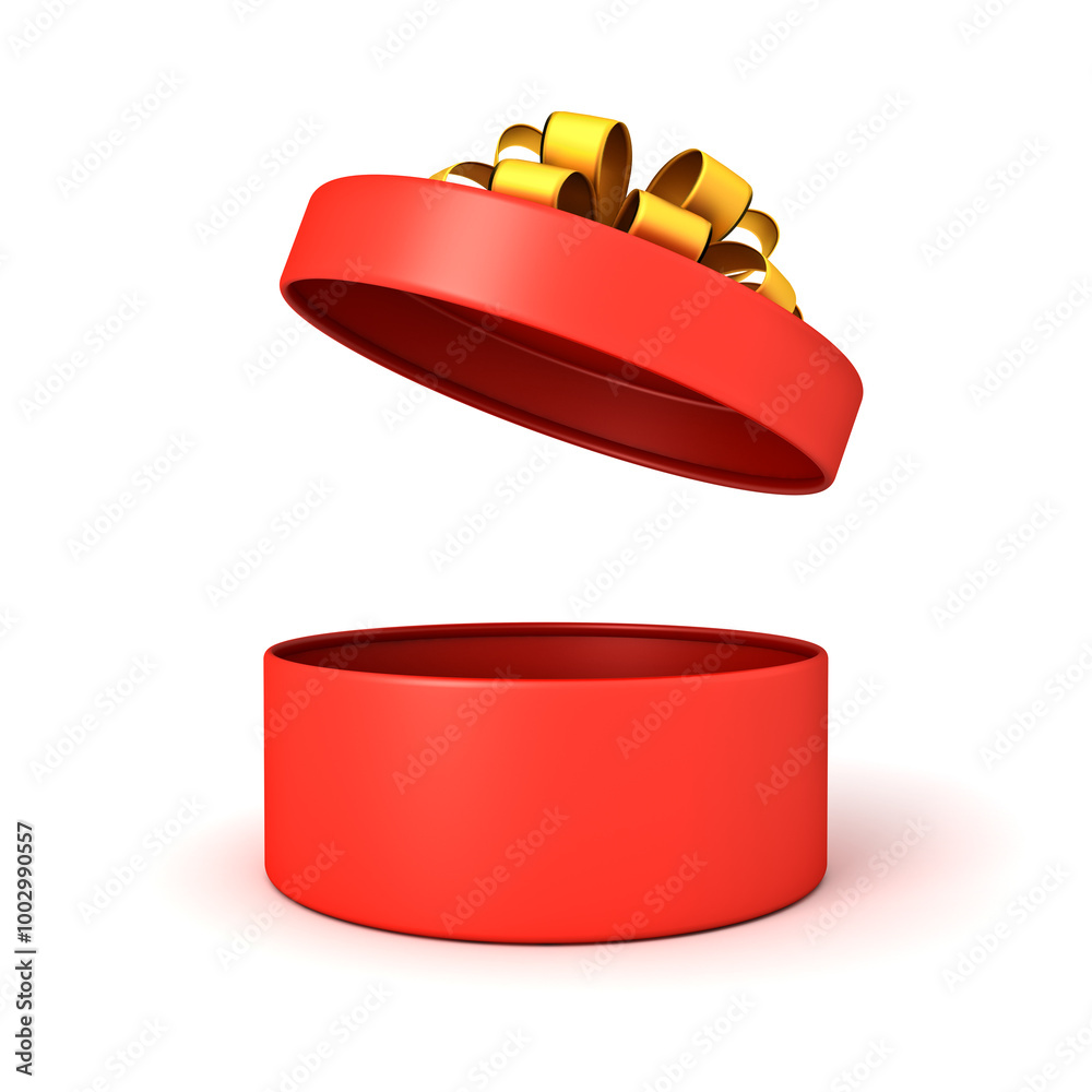 Fototapete Minimal red round present box open with gold ribbon and bow or opening blank cylinder red gift box isolated over white background with shadow creative idea concepts 3D rendering