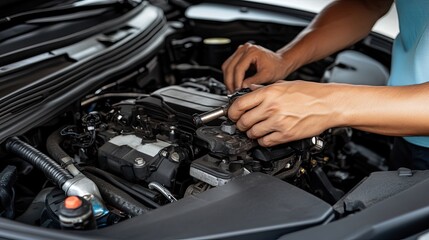 Mechanic hands working under the hood, adjusting engine components with tools in a modern auto shop, focusing on precision and professionalism.