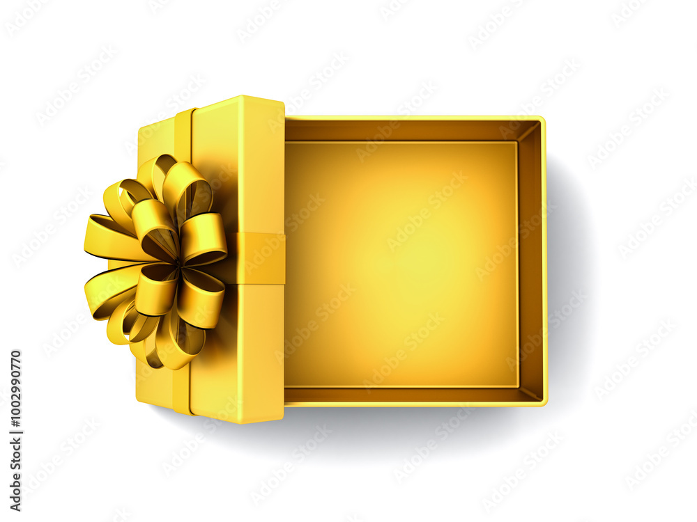Poster Top view of gold present box tied with golden ribbon bow or blank gold gift box open isolated on white background with shadow minimal conceptual 3D rendering