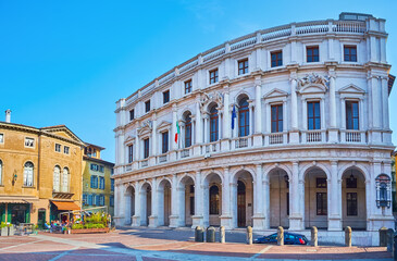 The facade of Palazzo Nuovo, Piazza Vecchia, Bergamo, Italy