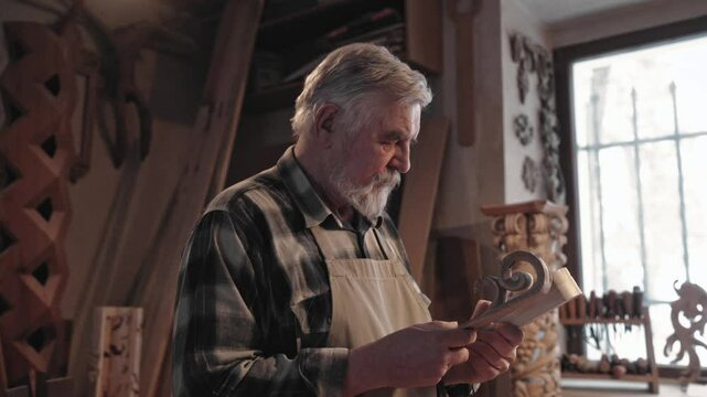 Old Caucasian man with grey beard standing in dim room with window in background. Looking with focus at two similar finished products. Carpenter observing completed work. Choosing better option.