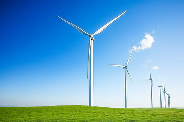 Serene scene of wind turbines spinning gracefully in an open field, harnessing the power of the wind to generate clean energy