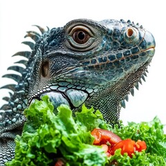 Fototapeta premium Close-up portrait of a green iguana eating lettuce and tomatoes
