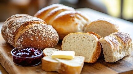 Fototapeta premium Freshly Baked Bread with Butter and Jam
