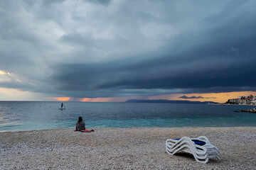 Cloudy day on the beach in Podgora, the Adriatic Sea in Croatia