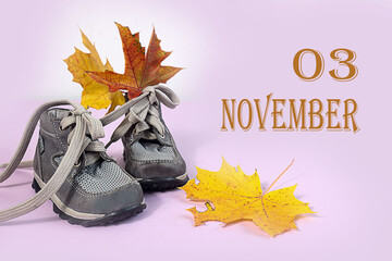 Calendar for November 3: numbers 03, name of the month November in English, children's shoes with maple leaves, pastel background