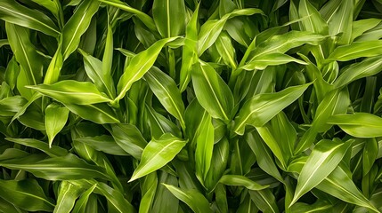 Fototapeta premium a dense cluster of green leaves. The leaves are long, narrow, and pointed, with a glossy texture. They overlap each other, creating a lush and vibrant appearance.