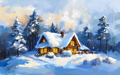 Naklejka premium Serene snowy landscape with pine trees laden with snow and a cozy cabin nestled among them